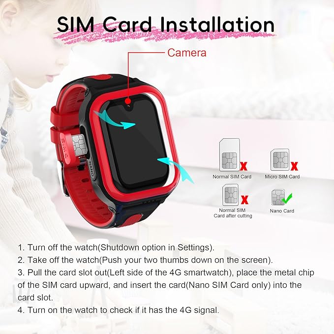 Wonlex 4G GPS Smartwatch for Kids, 1.78" AMOLED Touchscreen Phone Watch with SIM Card, Video Calls, Voice Chat, SOS, Camera, Music, Pedometer, Game, Birthday Gift for Girls Boys Ages 8-15(Red)