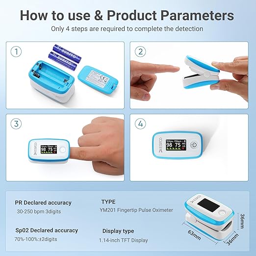 ESPOO Pulse Oximeter with 20 Memory, Oxygen Monitor Fingertip 4 Color TFT Display(SPO2), Alarm & Brightness Adjustable, Batteries & Lanyard Include(White&Blue)