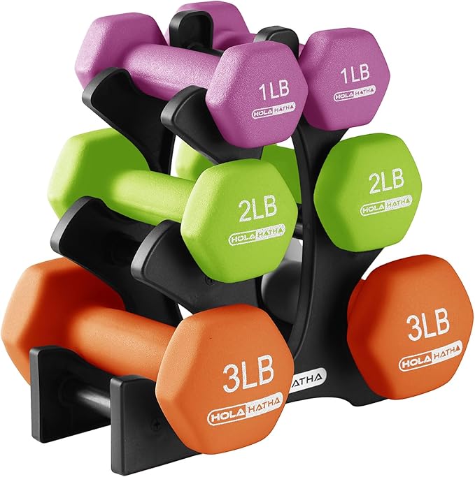 HolaHatha 2, 3, 5, 8, and 10 Pound Neoprene Dumbbell Free Hand Weight Set with Rack, Ideal for Home Exercises to Gain Tone and Definition, Pastel