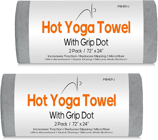 PBHEPJ 2 Pack Hot Yoga Towel, Yoga Mat Towel with Grip Dots (72"x 24"), Microfiber, Super Absorbent Towel Non-Slip for Hot Yoga, Exercise, Fitness, Pilates Gear