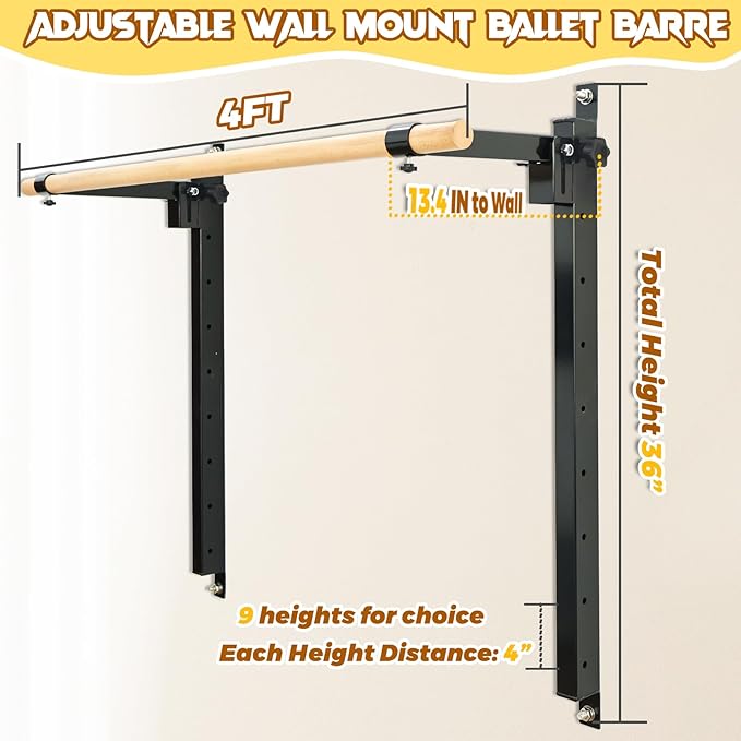 Wall Mounted Ballet Barre Adjustable Ballet Bar Foldable Dance Bar-Fully Adjustable -Solid Beech Wood Bar,Ballet workout Fitness Equipment Pull Up Stretch Never move