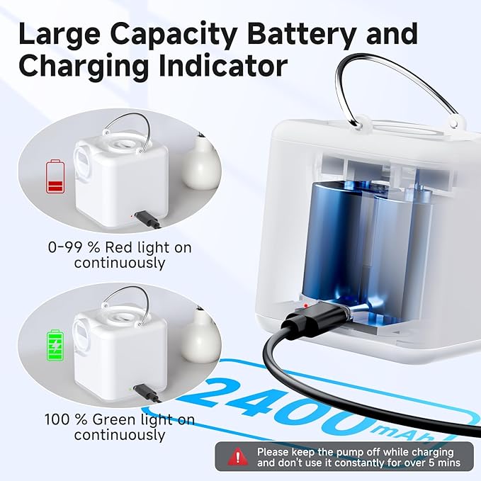 Portable Air Pump for Inflatables, 4.5kPa Mini Air Mattress Pump with Camping Light, 2400mAh Battery Rechargeable Air Pump for Pool Floats, Sleeping Pads, Swimming Ring, Vacuum Storage Bags