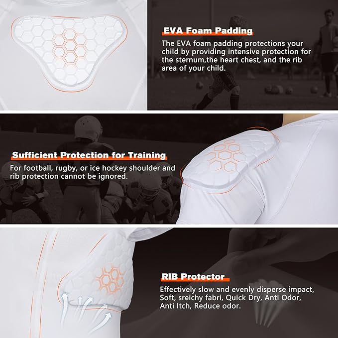 Youth Padded Compression Shirt Rib Protector for Football Protective Gear Baseball Padded Shirt Kid Child Boys