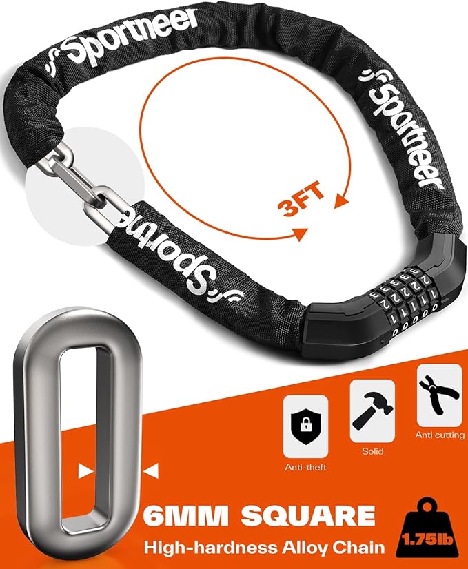 Sportneer Bike Lock: Heavy Duty 5-Digit Resettable Combination Bike Chain Lock, High Security Anti-Theft 3.2FT Hardened Steel Square Links Bicycle Lock for Road, Mountain, Electric & Folding Bikes