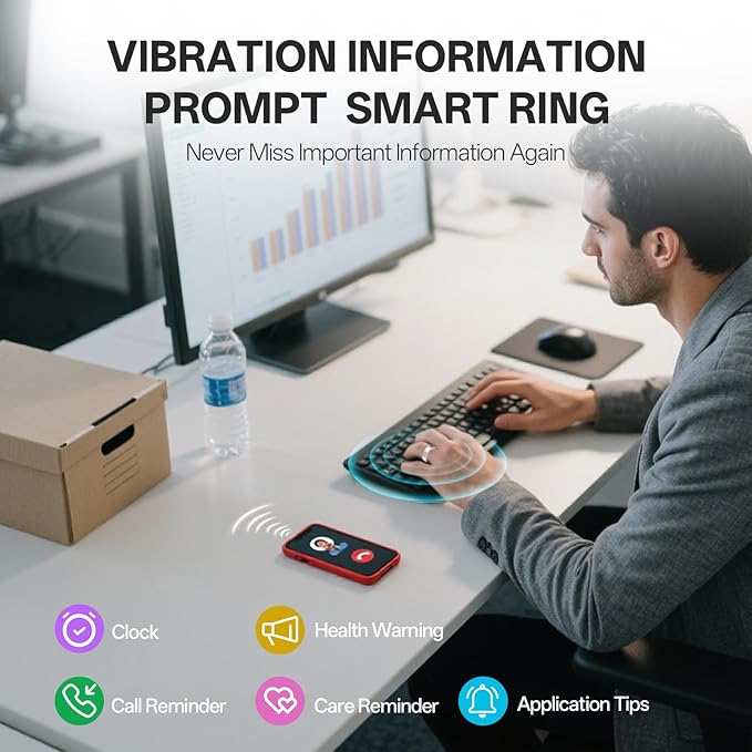 Smart Ring with Vibration Alerts, Health Tracker Ring with Body Temperature Monitor, Heart Rate, Sleep & Fitness Tracking, Waterproof Activity Ring for Men & Women, No App Fees (Gunmetal Gray, 8#)