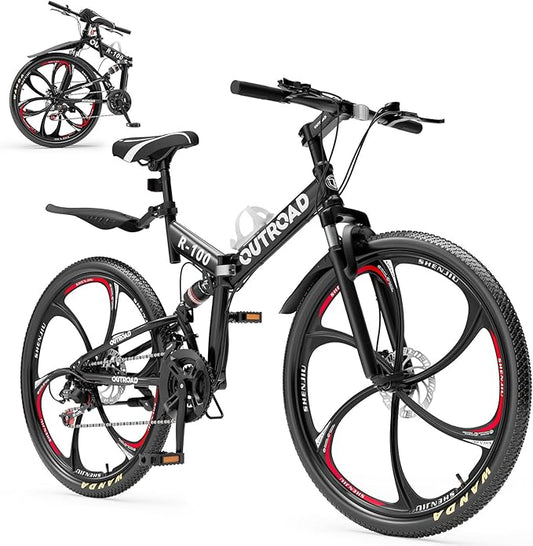 26 Inch Folding Mountain Bike, 21 Speed Full Suspension Bicycle with High-Carbon Steel, Dual Disc Brake Non-Slip Quick Release tire Folding Bicycle for Adults/Men/Women
