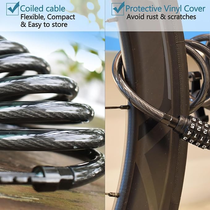 MARQUE Combination Bike Lock Cable- 3/8 inch (5FT, 10FT, 15FT, 25FT) Resettable Combination Lock, Anti-Theft Coiled Secutiry Cable for Bicycles, Kayaks, Paddle Boards, Gates and Outdoor Gear (25 FT)