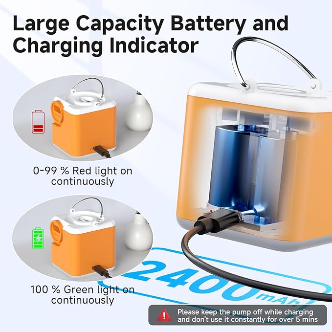 Portable Air Pump for Inflatables, 4.5kPa Mini Air Mattress Pump with Camping Light, 2400mAh Battery Rechargeable Air Pump for Pool Floats, Sleeping Pads, Swimming Ring, Vacuum Storage Bags