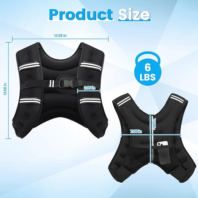 Weighted Vest, 6lb/8lb/12lb/16lb/20lb/30lb for Men, Women with Reflective Stripe, Weight Vests Adjustable for Workout, Strength Training, Running, Fitness, Muscle Building, Weight Loss