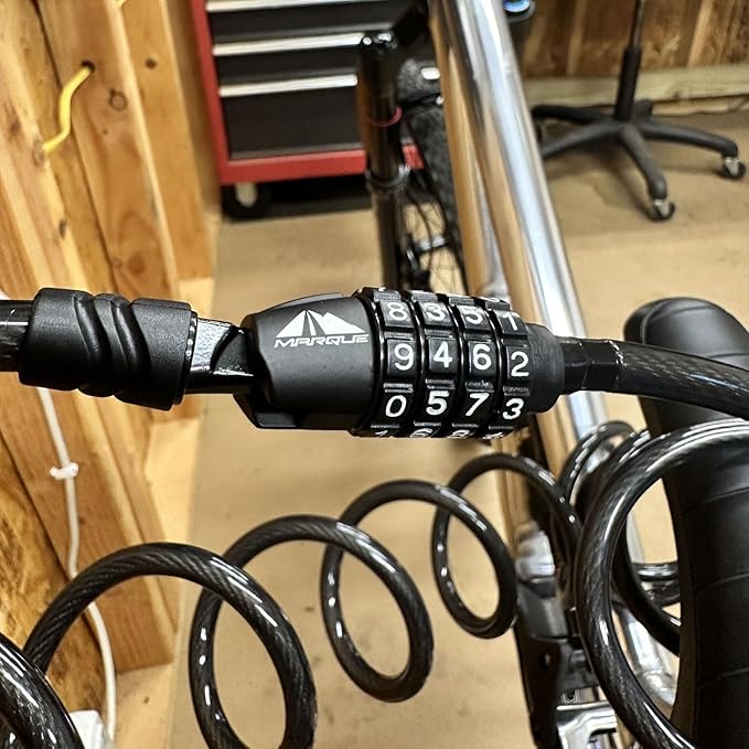 MARQUE Combination Bike Lock Cable- 3/8 inch (5FT, 10FT, 15FT, 25FT) Resettable Combination Lock, Anti-Theft Coiled Secutiry Cable for Bicycles, Kayaks, Paddle Boards, Gates and Outdoor Gear (25 FT)
