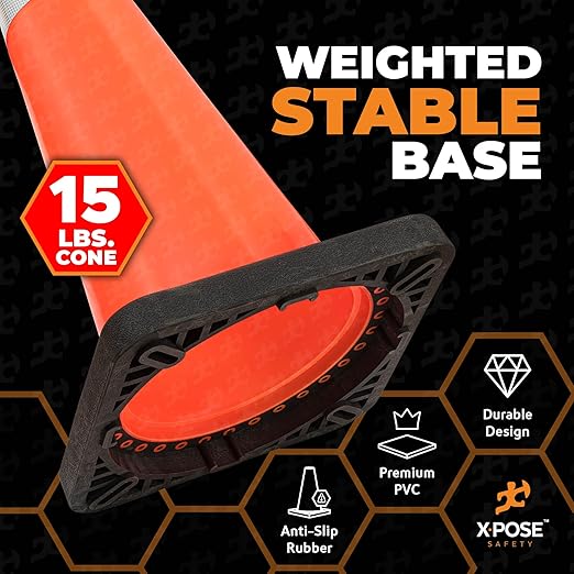 Xpose Safety 36 Inch Orange Traffic Cones Heavy Duty 15lb with 6" & 4" Collars, 12 Pack - Multipurpose PVC Plastic Safety Cone for Parking, Soccer, Caution, Kids and Construction - DOT Approved