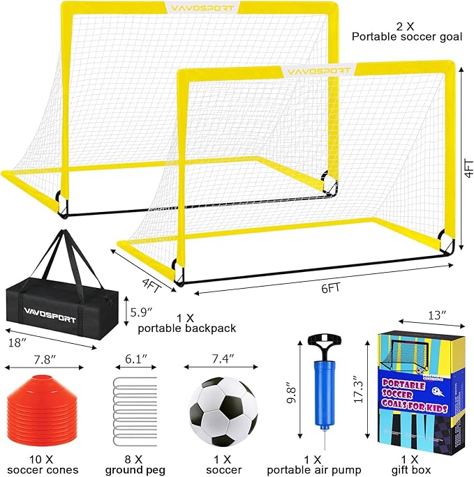 Soccer Goal, 2 of 6'x4' Kids Soccer Goals for Backyard Set, Portable Pop Up Soccer Net, Practice Soccer Training Equipment with Ball, Cones for Toddler,Youth Sports Outdoor Games Yard Play