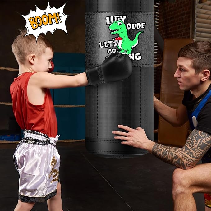 Kids Punching Bag Set, 2.75ft Filled Heavy Bag Kickboxing Bag with 2KG Sponge & 6oz Gloves, Hanging Boxing Bag for Kids Youth Boxing, MMA, Muay Thai, Karate, Martial Art, Home Gym Training