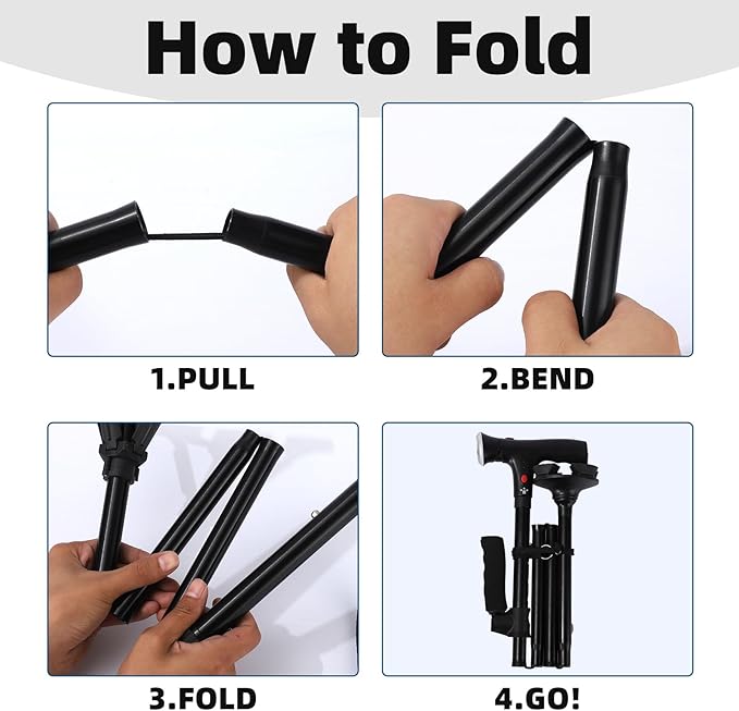 Walking Stick，Walking Canes for Women & Men，Folding Cane with Led Light and Alarm, with Side Handle, Collapsible Cane Lightweight, Free Self Standing Foldable Stick for Seniors & Adults