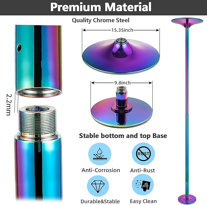 PRIOR FITNESS Premium Dance Pole Removable 45mm Spinning & Static Dancing Pole Heavy-Duty Steel Pole Dancing Pole, Adjustable Height Professional Grade Excellent for Home Exercise Club Gym