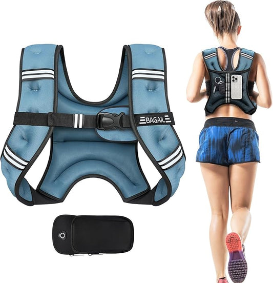 BAGAIL Weighted Vest, 5lbs/8lbs/10lbs/12lbs/15lbs/20lbs/25lbs/30lbs Weight Vest with Detachable Phone Pouch, Rucking Vest for Women, Men, Walking, Weight Loss, Training, Running
