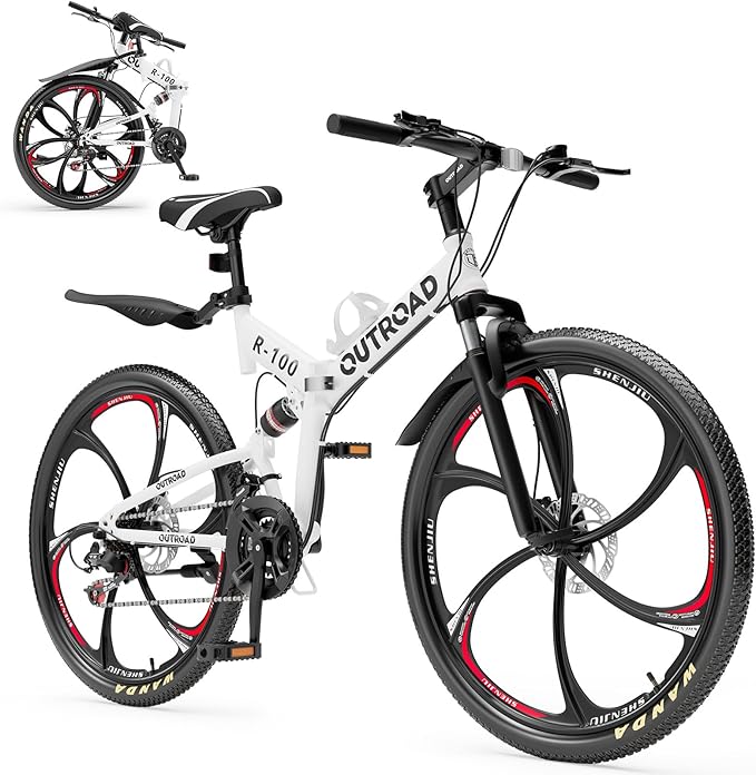 26 inch Folding Mountain Bike, Carbon Steel Frame and 21 Speed, Double Disc Brake and Dual Suspension Folding Bike for Adults/Men/Women, Easy Assembly Bicycle(Black/Green/Orange)