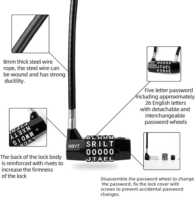 5-Word Resettable Combination Lock, Letter Lock- Home Security Padlock with 8mm Anti-Theft Cable for Garden Gates, Glass Doors, Pool, Refrigerator,Bikes, Gates, Storage (22''(Locking Span 11''))