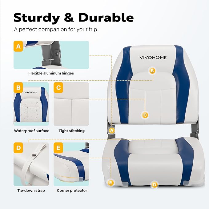 VIVOHOME Folding Low Back Boat Seats 2 Pack, Waterproof Boat Captain Chairs, 4 Mounting Screws Included, White and Blue