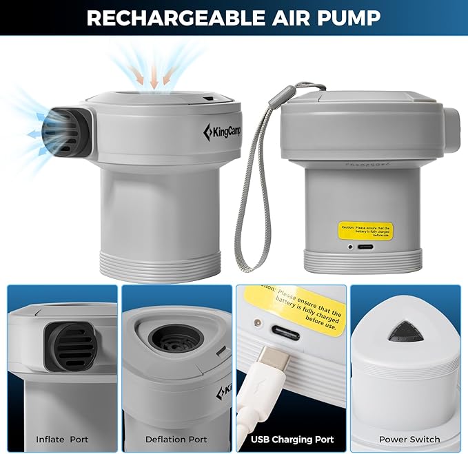 KingCamp Air Pump for Inflatables, Portable Quick-Fill Inflator/Deflator Air Mattress Pump Electric Air Pump with 4 Nozzles for Outdoor Camping Mat & Sleeping Pad