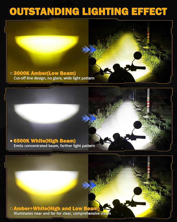 Auxbeam Motorcycle Auxiliary Lights Fog Lights LED Driving Light Spotlight with Halo DRL, White/Amber 8 Modes Dual-Color Strobe LED Offroad Work Lights for Motorcycle SUV ATV Trucks