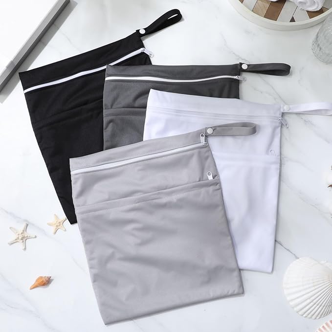 SATINIOR 4 Pack Wet Dry Bags for Baby Cloth Diapers Washable Travel Swimsuit Wet Bags Reusable with Two Zippered Pockets for Yoga Gym Swimsuits Travel Beach Pool Soiled Items(Basic Color)