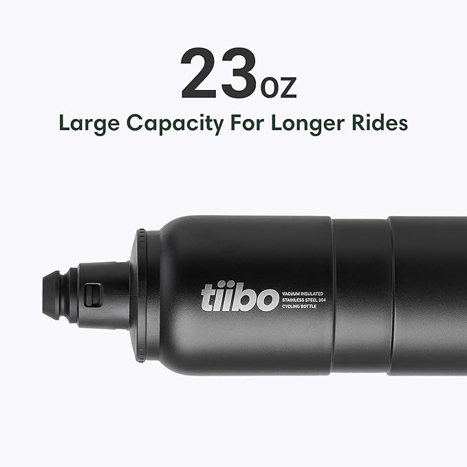 tiibo Vacuum Insulated Stainless Steel Bike Water Bottle, Double Wall, No-Squeeze, Fast Flow Sport Nozzle, Designed for Cycling, Biking, Fitness & Sports, Fits Most Bike Cages (Black, 23OZ)