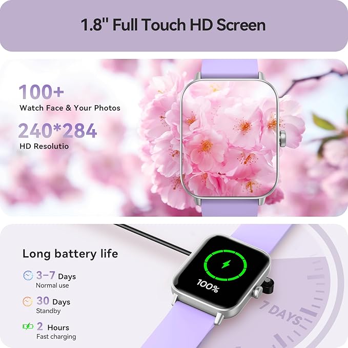 Gydom Smart Watches for Women for Android & iPhone, Alexa Built-in, 1.8" Smartwatch with Heart Rate/SpO2/Sleep/Stress, IP68 Waterproof Fitness Tracker, 100+ Sports Modes, Purple