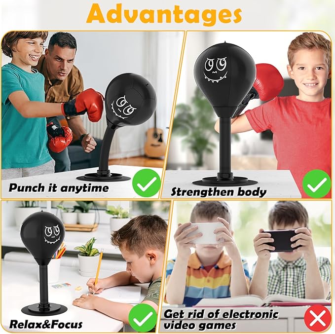 Strong Suction Desktop Punching Bag - Stress Relief Boxing Ball with Upgraded Durable Spring, Secured Office Home Desk Toy Gift for Kids, Friends, and Coworkers
