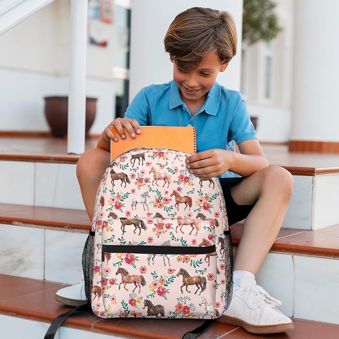 Horse Backpack for Boys Girls Bookbags Lightweight Adjustable Elementary Middle High School Bags for Kids Children Teenagers Travel Daypack Laptop Hiking Backpacks