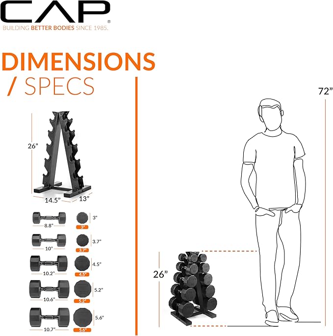 CAP Barbell Rubber Coated Dumbbell Weight Set with Vertical Rack | 100 lb, 150 lb, and 210 lb Options