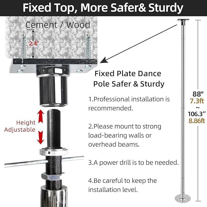 PRIOR FITNESS Permanent Fixed Dance Pole Kit, Professional 45mm Spinning & Static Dancing Pole Heavy-Duty Steel Pole Dance for Home, Adjustable Height Excellent for Home Exercise Studio Club Gym