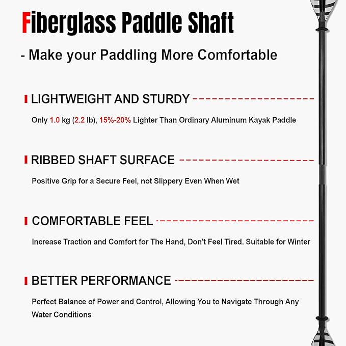 Kayak Paddles with Fiberglass Shaft and Reinforced PP Blade, Floating Adjustable Kayaking Oars, 3 Piece, 220-240 cm/86-94 Inches, 240-260 cm/94-102 Inches