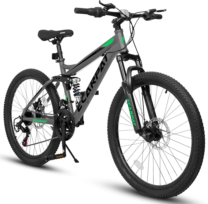 24/26/27.5 Inch Mountain Bike, Dual Full Suspension 21 Speed Womens Mens Mountain Bikes, Commuter Bike with Carbon Steel Frame and Dual Disc Brakes