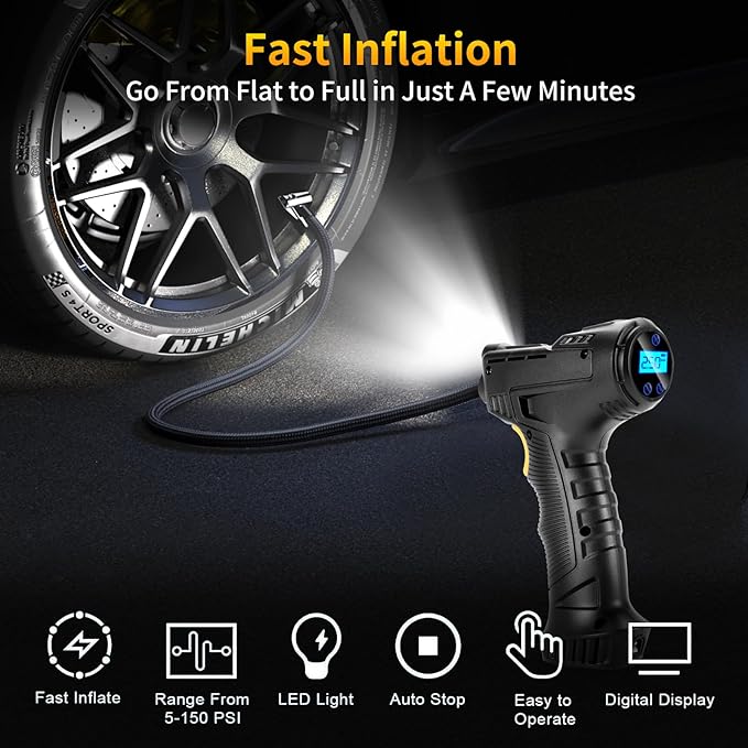 Digital Tire Inflator with LED Flashlight,150PSI Portable Air Compressor for Car Tires,12V Auto Pump for Cars, Motorcycles, Bikes, and Sports Balls