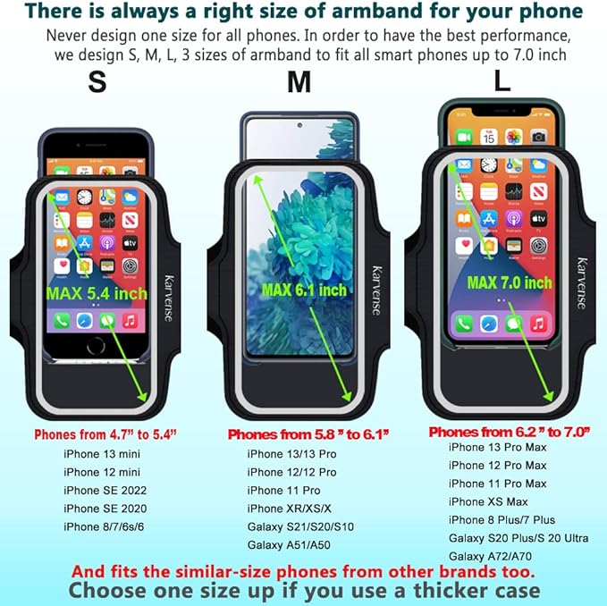 Phone Holder for Running, Karvense Phone Arm Bands for Running Exercise Workout Jogging, Cell Phones Armband for iPhone 16 Pro/16/16e/15 Pro/15/14 Pro/14/13 Pro/13/12, Samsung Galaxy S/A, to 6.3''