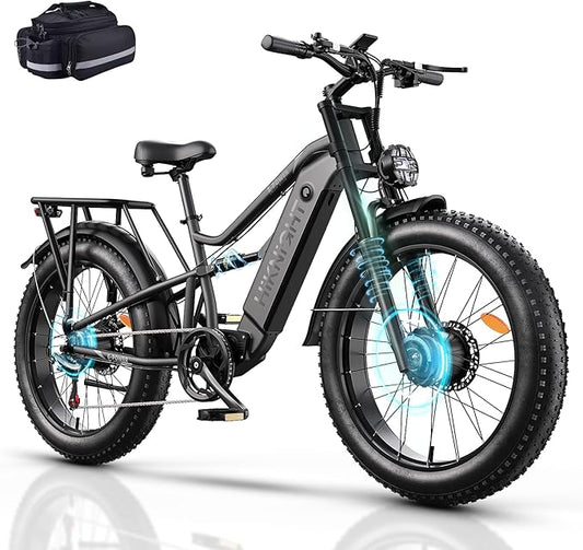 Dual Motor Electric Bike Peak 3000W, 52V 20AH Battery E Bike for Adults 26 Inch Fat Tire Mountain Electric Bicycle 38 MPH, Full Suspension Dual Hydraulic Disc Brake, Up to 90 Miles Range