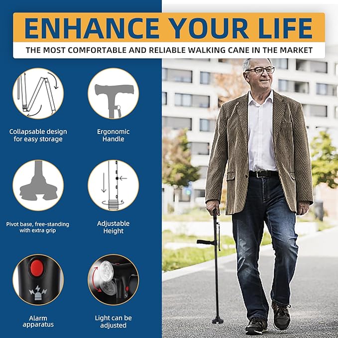 Walking Stick，Walking Canes for Women & Men，Folding Cane with Led Light and Alarm, with Side Handle, Collapsible Cane Lightweight, Free Self Standing Foldable Stick for Seniors & Adults
