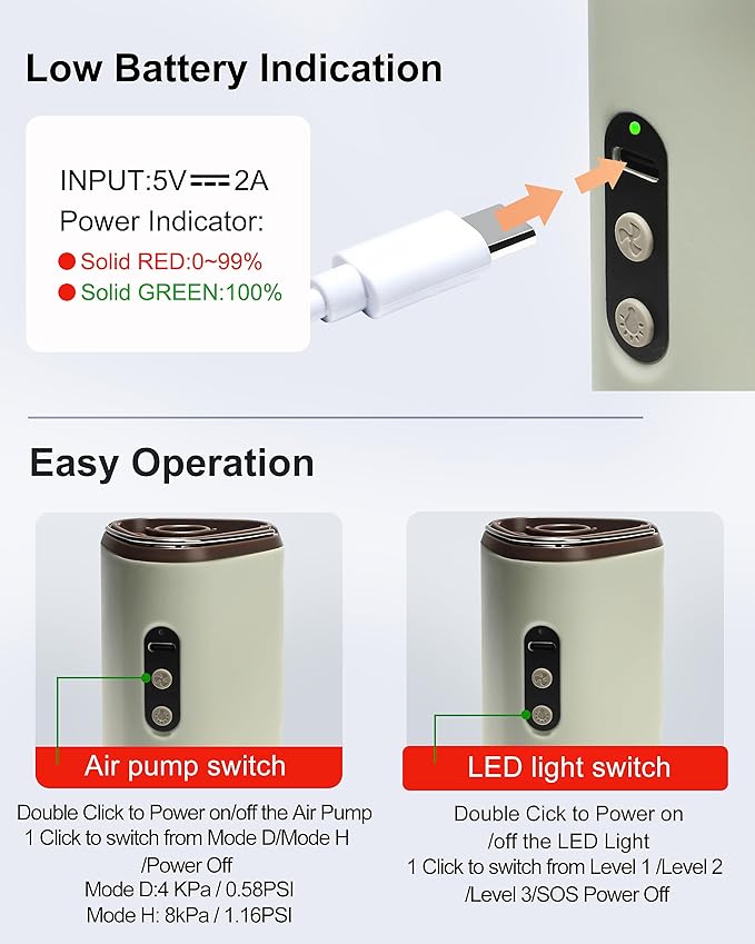 Portable Air Pump with 2500mAh Battery USB Rechargeable Lightweight Electric Mini Air Pump Inflate Deflate for Pool Floats Vacuum Storage Bags Air Mattress Swimming Ring Sleeping Pads – Khaki