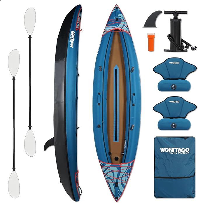 Inflatable Kayak, Portable Ripstop Oxford Cloth Recreational Touring Kayak with Fiberglass Kayak Paddle, Hand Pump and Carrying Bag, 1/2 Person
