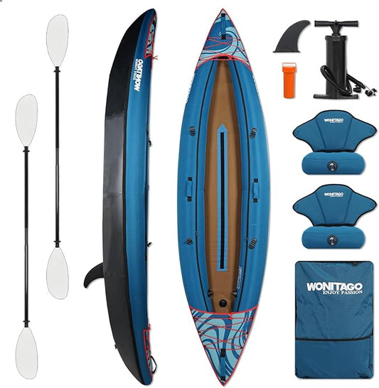 Inflatable Kayak, Portable Ripstop Oxford Cloth Recreational Touring Kayak with Fiberglass Kayak Paddle, Hand Pump and Carrying Bag, 1/2 Person