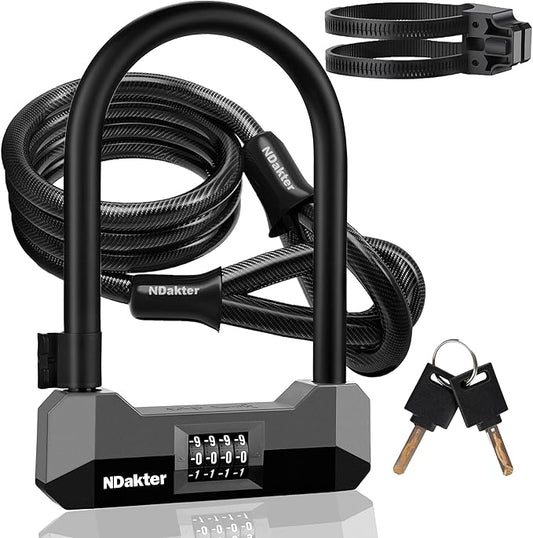 NDakter Bike Locks Heavy Duty Anti Theft，18mm Bicycle Combo U Lock with 5FT Cable, 4-Digit Resettable Combination Electric Scooter Lock with 2Keys and Bracket for Tricycle, Moped, Motorcycle(Gray)