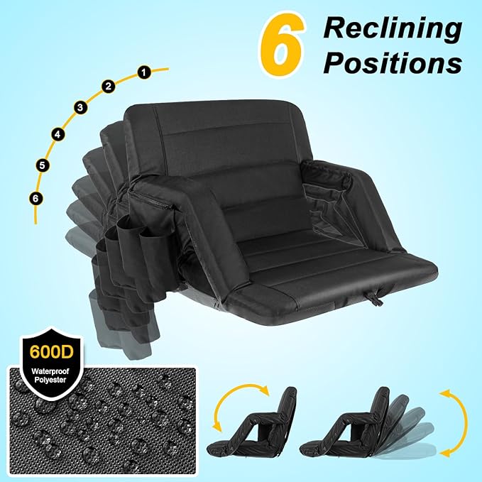 Extra Wide Stadium Seats with Back Support, Exclusive Bleacher Chairs with Back and Cushion Folding Stadium Chairs, 6 Reclining Positions Waterproof Bleacher Seats (Extra Wide|25" Black)