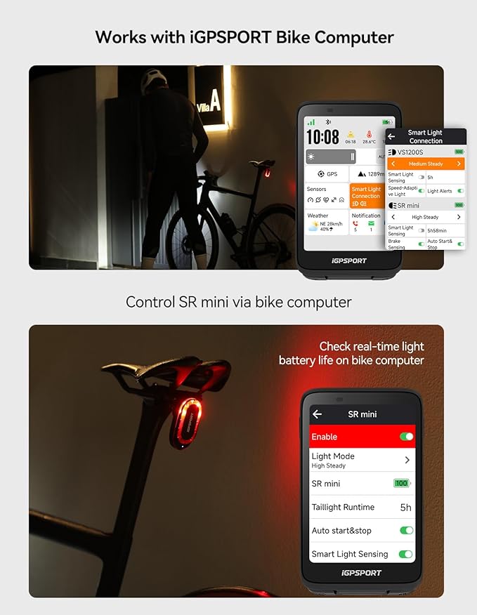 iGPSPORT SR mini Radar Bike Light, 160M Monitoring Distance 20H Battery Life Brake Flash Waterproof Cycling Tail Light