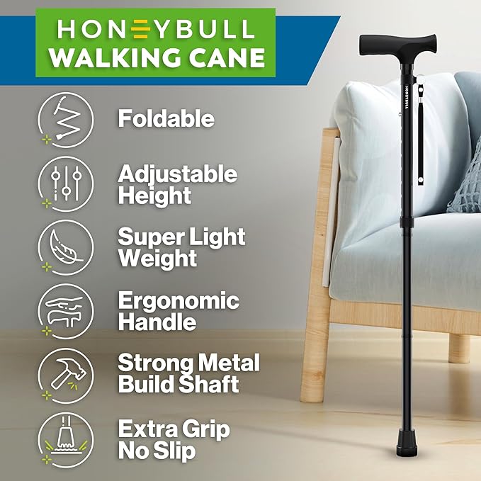 HONEYBULL Foldable Walking Cane for Seniors & Adults – Adjustable 8 Height Settings 30-37", Lightweight Collapsible Cane with Air Cushion Tip, Ergonomic Comfort Grip & Wrist Strap