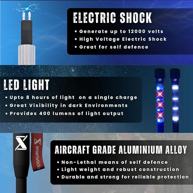 Tactical Walking Stick Staff Self Defense Stun Gun, 2 Bright LED Light Modes, Military Grade Aluminum, USB Charging Port/Fan, Outdoor Adventures, Trekking, Survival Hiking Tactical Tool
