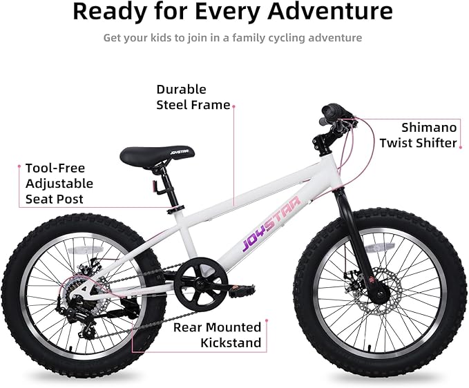 JOYSTAR 20 Inch Mountain Bike for Kids Ages 7-12 Year Old, 3-Inch Wide Knobby Tires, 7 Speed Shimano Drivetrain, Disc Brakes, Fat Tire Kids Bicycles for Boys Girls