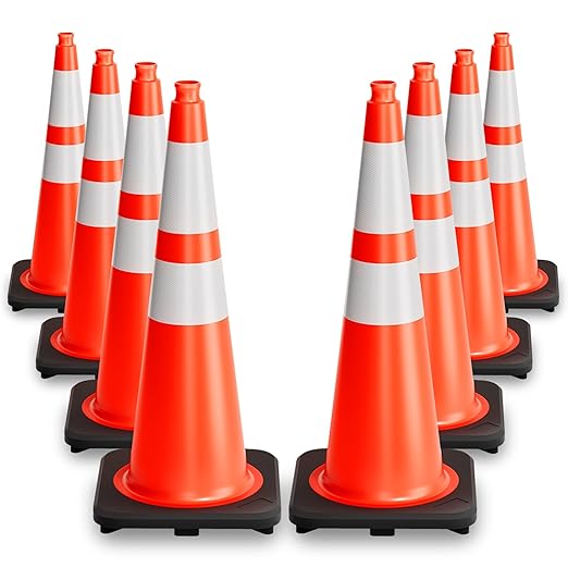28 Inch Traffic Cones with Heavy Weighted Base (8 Pack) - Orange Safety Cones with Reflective Collars for Parking Lots, Road Construction, and Event Control