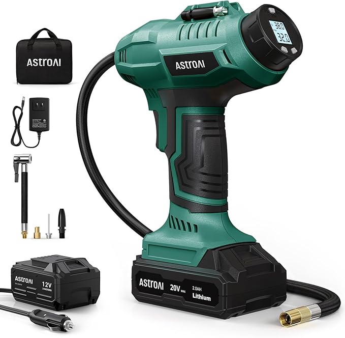 AstroAI C2 Cordless Tire Inflator Air Compressor 20V Rechargeable Battery Powered 160PSI Portable Air Pump with 12V Car Power Adapter Digital Pressure Gauge for Cars Motorcycles JY16P160-18 Green