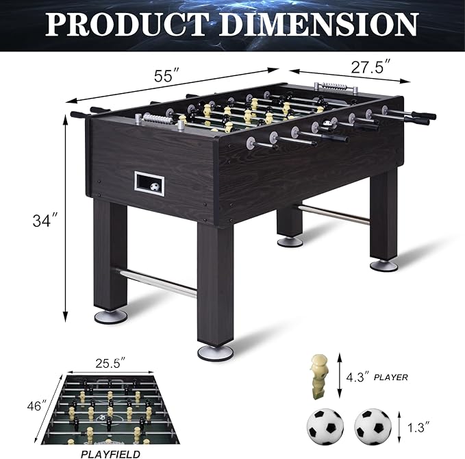 Large Size Foosball Table Adult Size, Full Size Soccer Game Table w/2 Balls, Leg Levelers & Heavy-Duty Legs, Durable Arcade Football Table for Game Room, Home, Office, Party